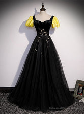Black Velvet Tulle Square Short Sleeve Prom Dress
